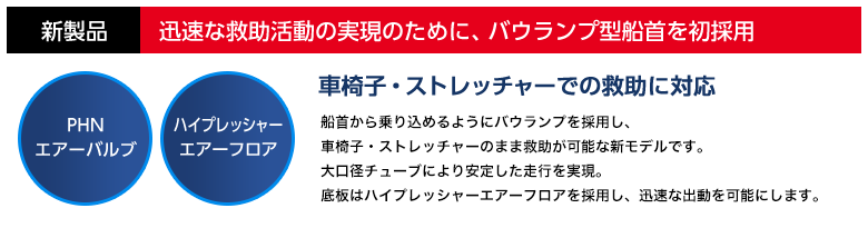 新製品の水難救助ボートLCT-400は、迅速な救助活動の実現のために、バウランプ型船首を初採用しています。車椅子・ストレッチャーでの救助に対応しています。 PHNエアーバルブ、ハイプレッシャーエアーフロアを採用しています。